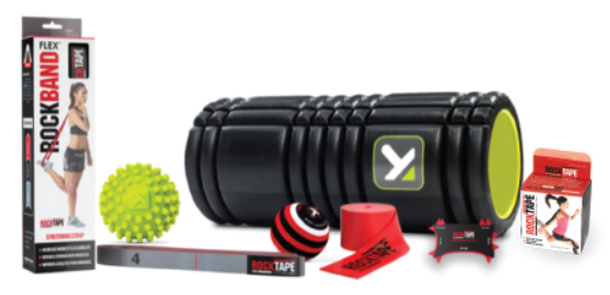 Items included in Functional Movment toolkit: Medium Rockband Flex, 2-inch RockFloss, 2-inch RockTape kinesiology tape, discrimination tool, GRID foam roller, MBX massage ball, Mobipoint massage ball
